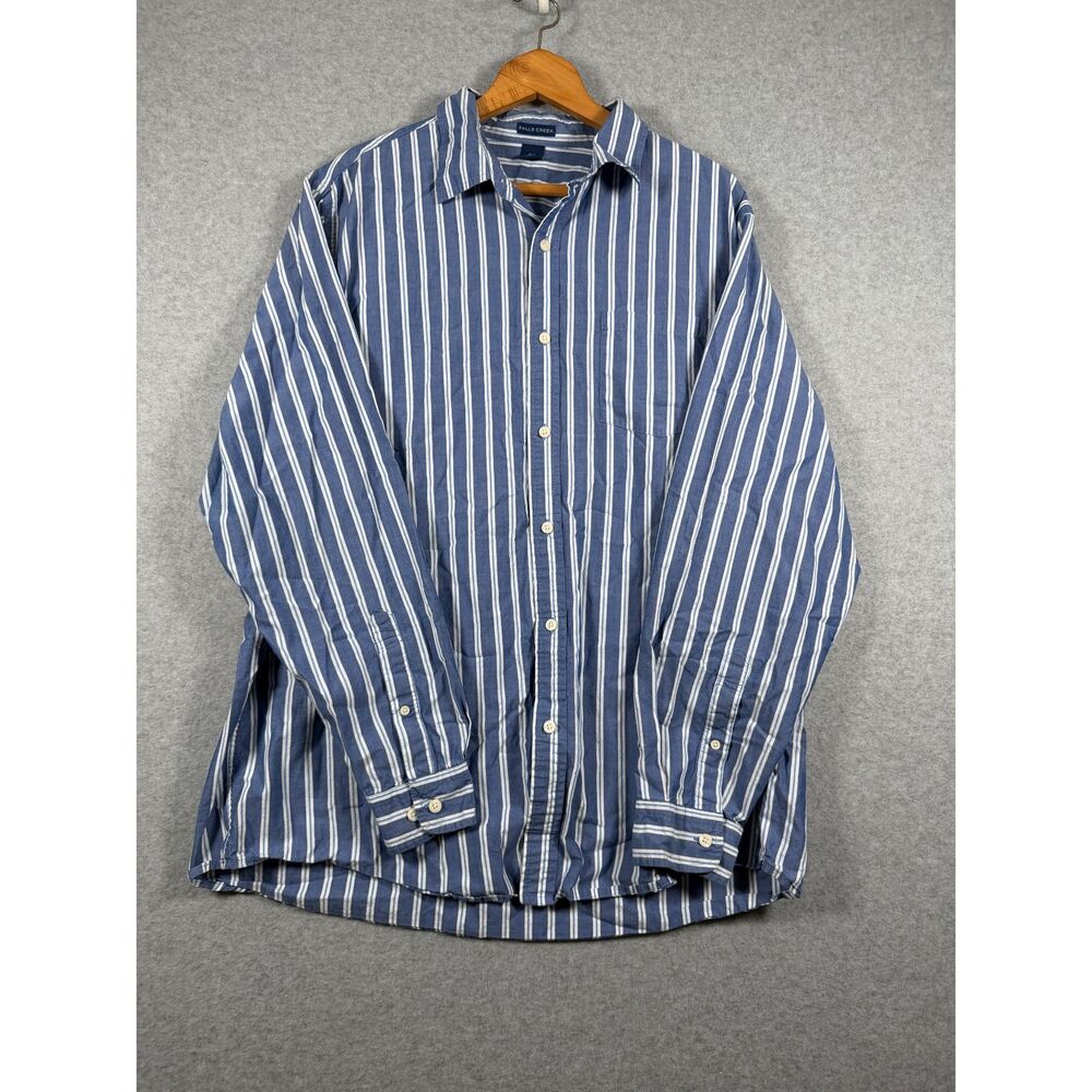 Falls Creek Men's XLT Blue White Stripe Cotton Long Sleeve Button Up Shirt 0701